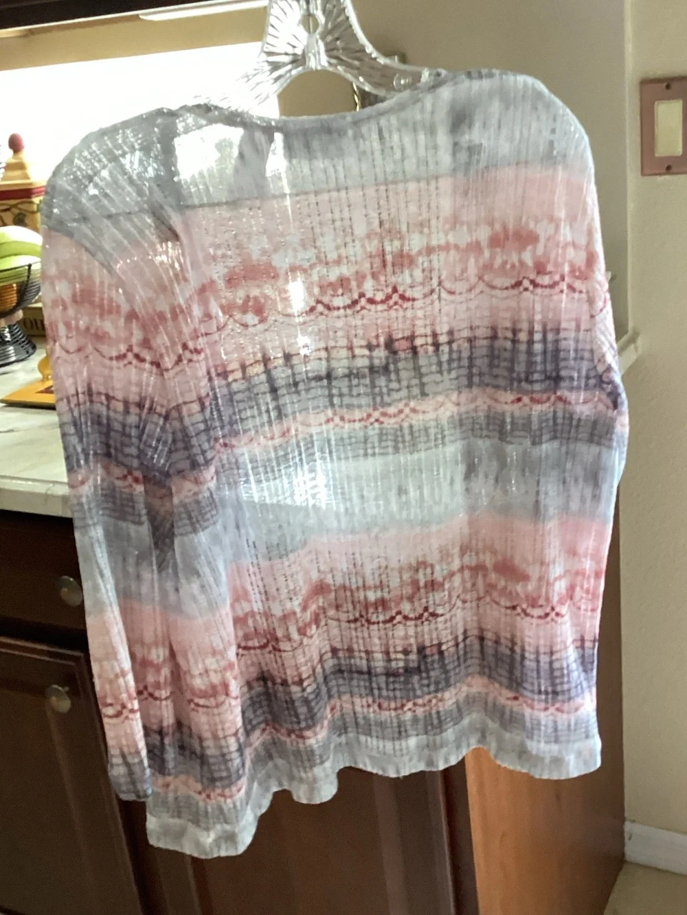 Alfred Dunner Pink, Gray & White Open-Front Lightweight Cardigan